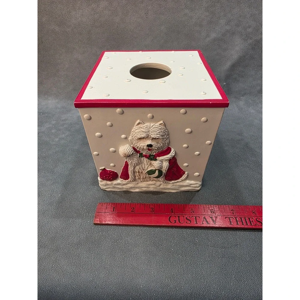 Vintage Westie Dog Christmas Ceramic Tissue Box Cover White Red Holiday Decor